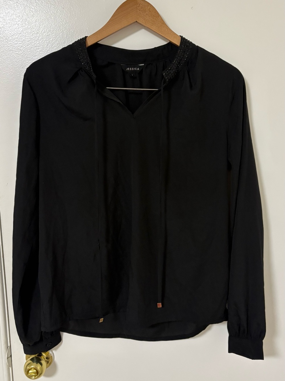 Jessica Black Long Sleeve V-Neck Blouse with Beaded Trim